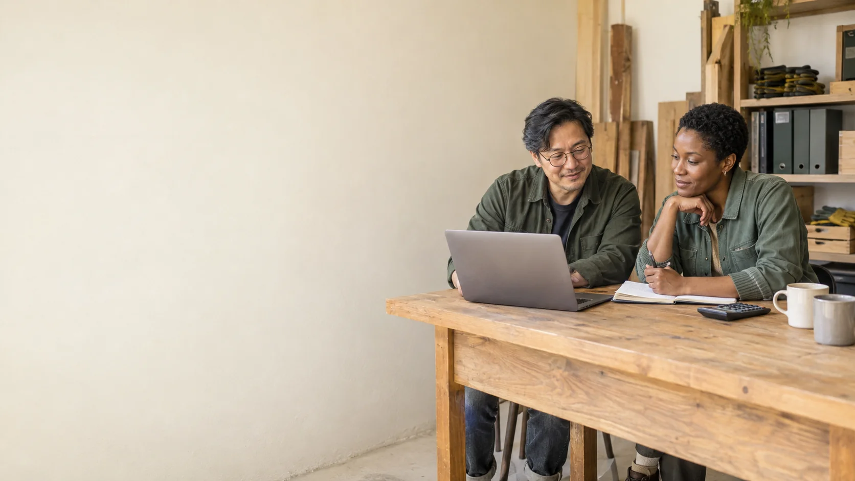 Two owners planning their small trade business at a workshop desk.