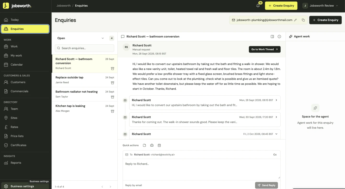Jobsworth Enquiries showing a bathroom conversion enquiry and its customer conversation.