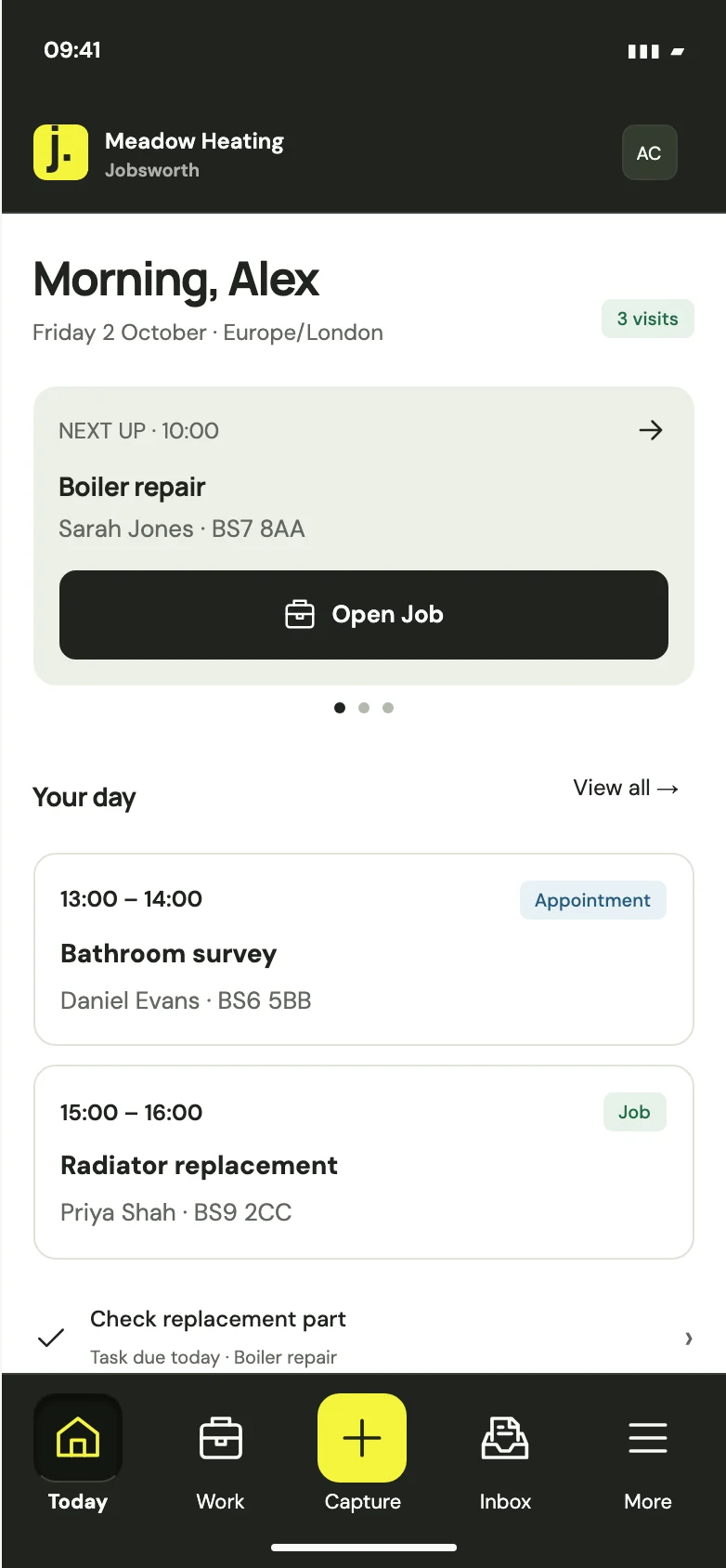Jobsworth on iPhone, showing the Today screen with upcoming visits and tasks.