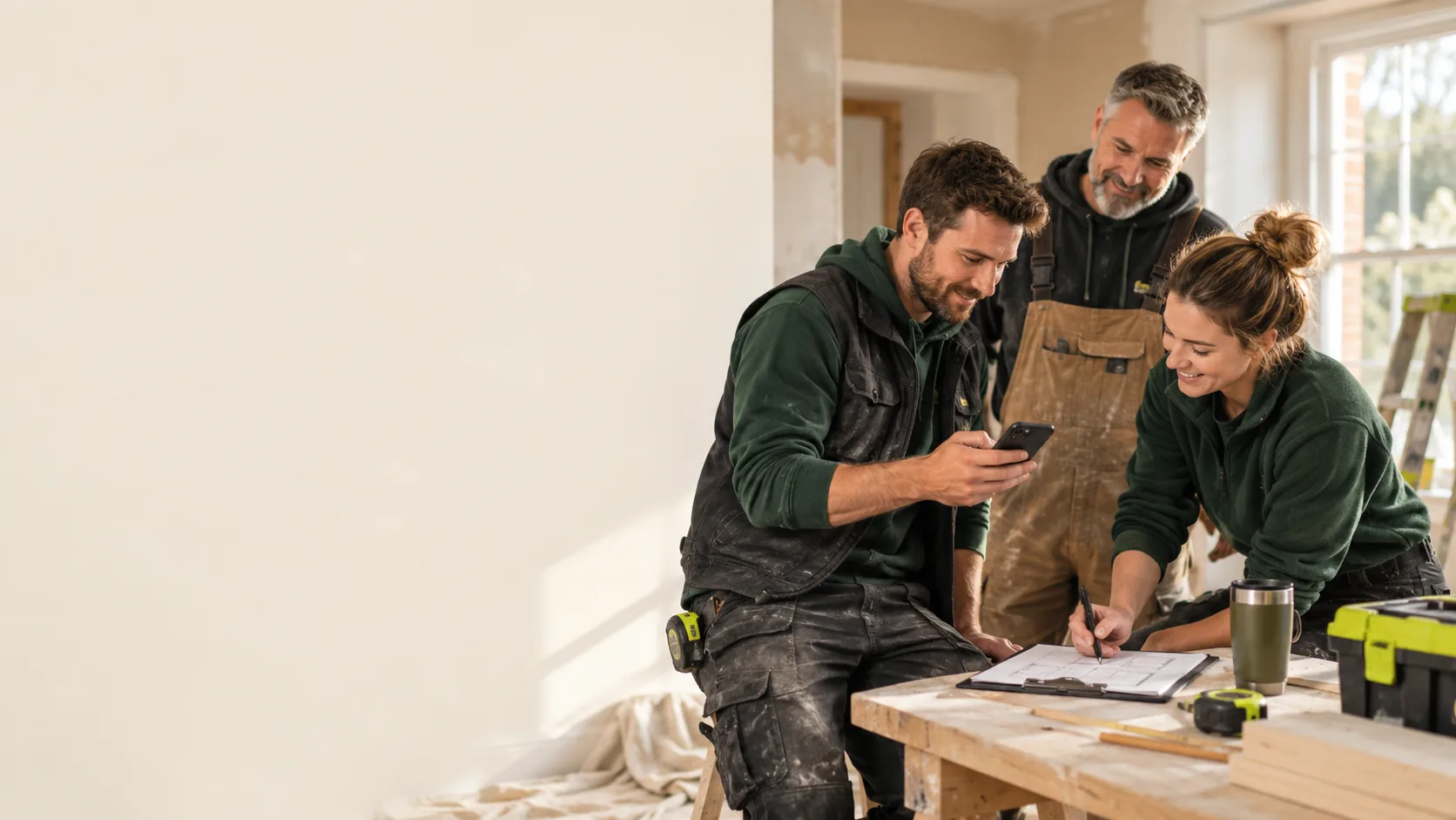 Three tradespeople reviewing plans and a phone together on site.
