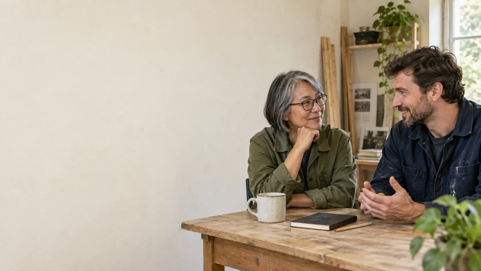 Two trade professionals talking through the working day at a workshop table.
